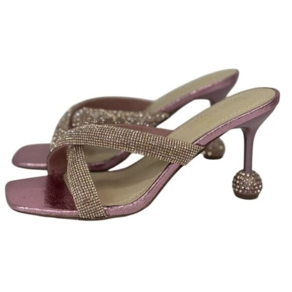 CHASE+CHLOE / Olla-1 / Pink / Rhinestone Embellished Cross-Strap / Heeled Sandal - Picture 2 of 9